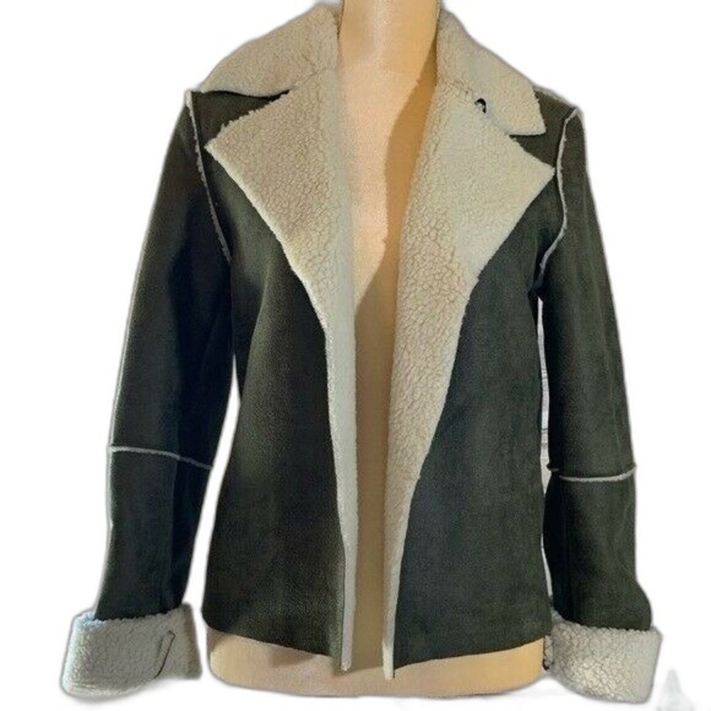 Vigoss Women Olive Green Faux Suede Shearling Open Front Jacket S VC-J11624A